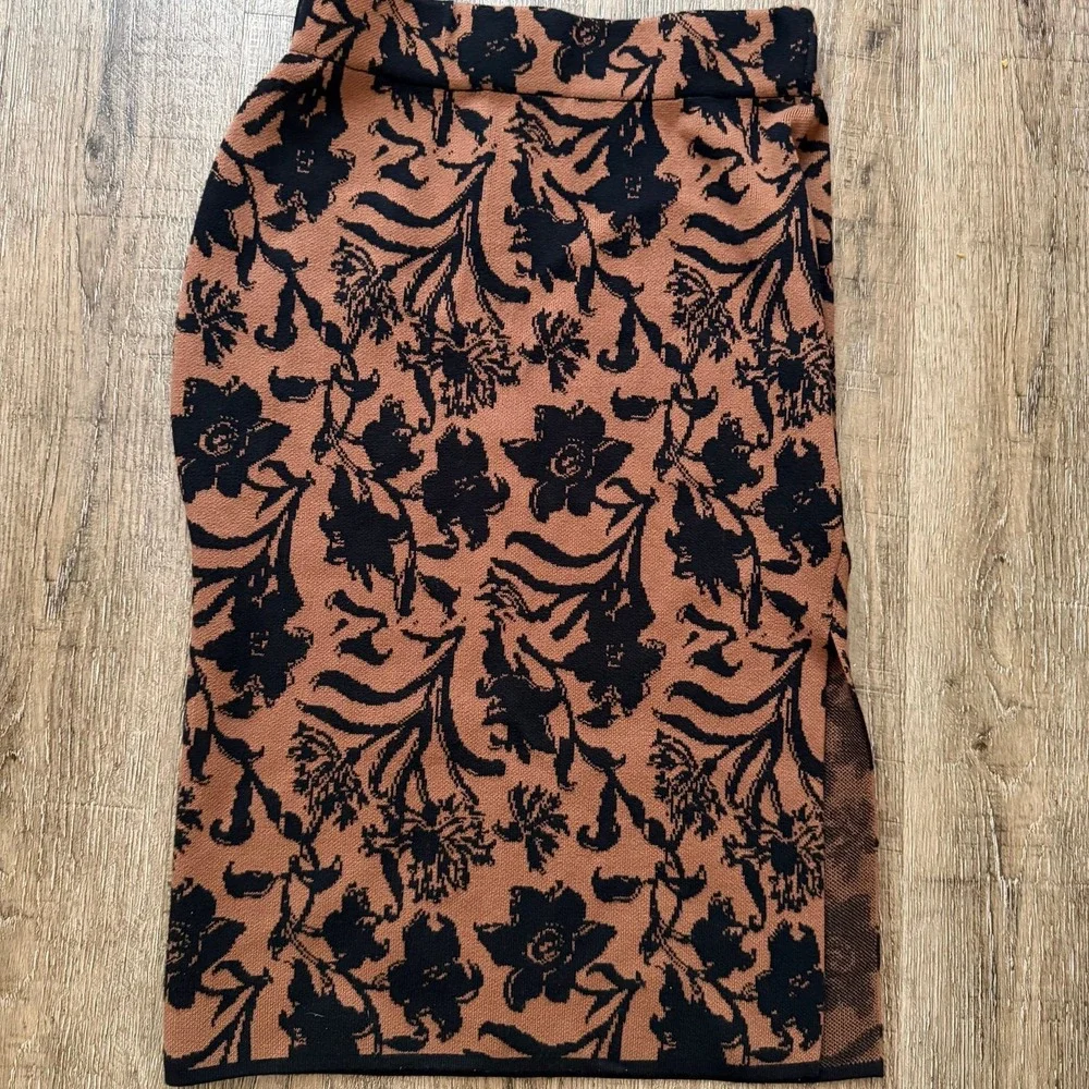 Cherie‎ Collette Brown Black Floral Knit Midi Skirt Side Slit Medium BS0071-SET